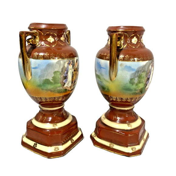 Vintage Ornate Petite Czechoslovakia Erphila Art Pottery Urns Shaped Vase PAIR - Picture 3 of 13